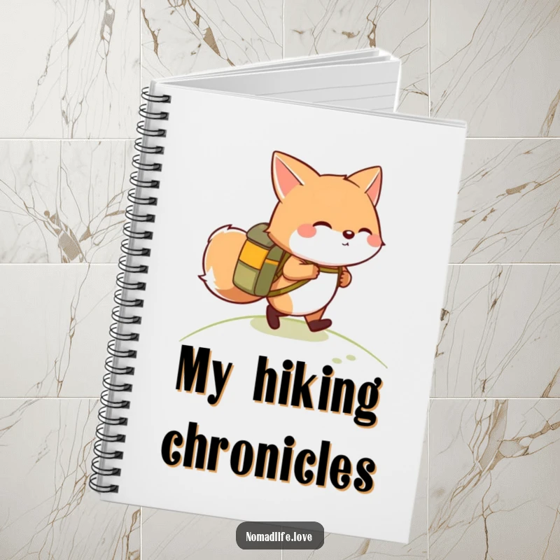 Funny giggling round fox wearing a small backpack, hiking up a gentle slope, a humorous notebook for adventure planning.