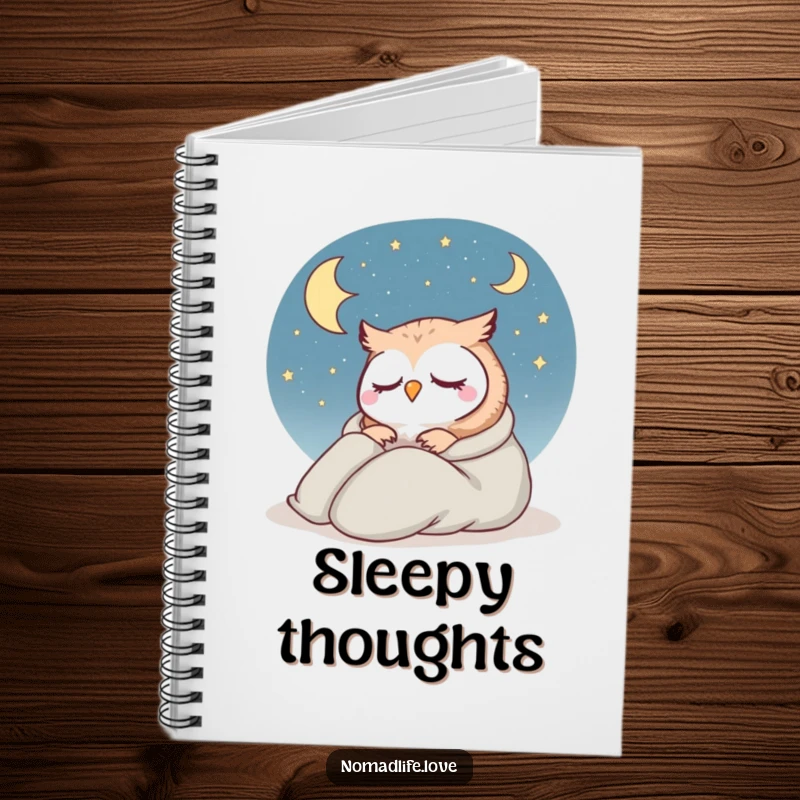 Funny Owl Sleeping Notebook featuring a contented owl in a sleeping bag under a starry sky, ideal for jotting down ideas.