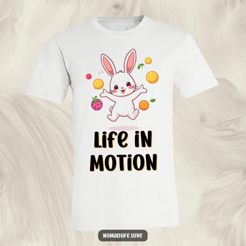 Playful bunny character bouncing and juggling brightly colored fruit in mid-air, a funny and vibrant design.