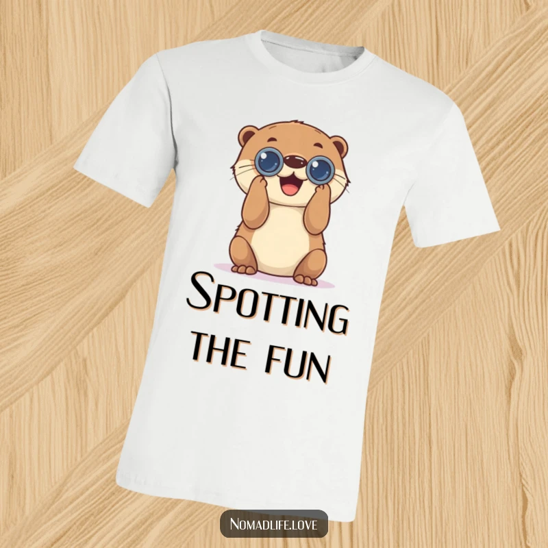Funny Playful Otter T-Shirt featuring a joyful otter using binoculars to look at the world, perfect for watchers.
