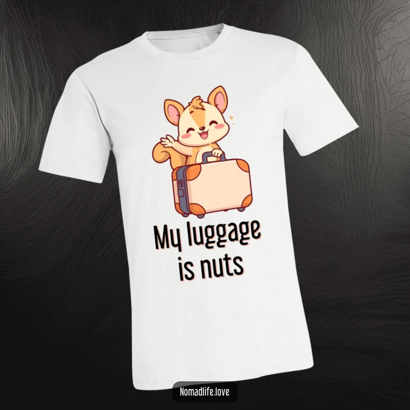 Funny happy wiggling squirrel character waving from its small wheeled suitcase, ready for an adventure, on a fun t-shirt.