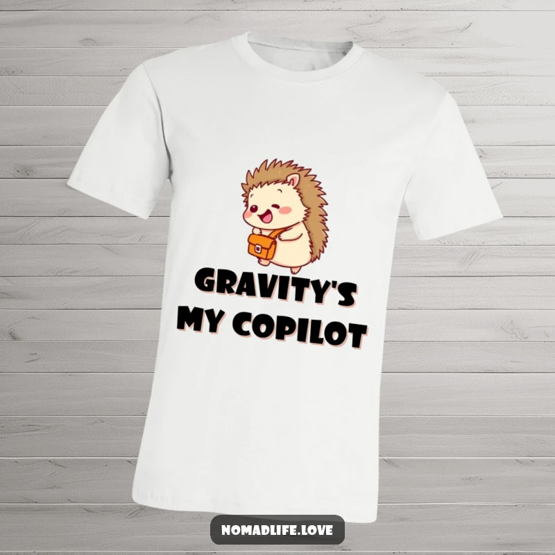 Funny Giggling Hedgehog T-Shirt featuring a tiny hedgehog with a satchel, joyfully rolling down a hill.