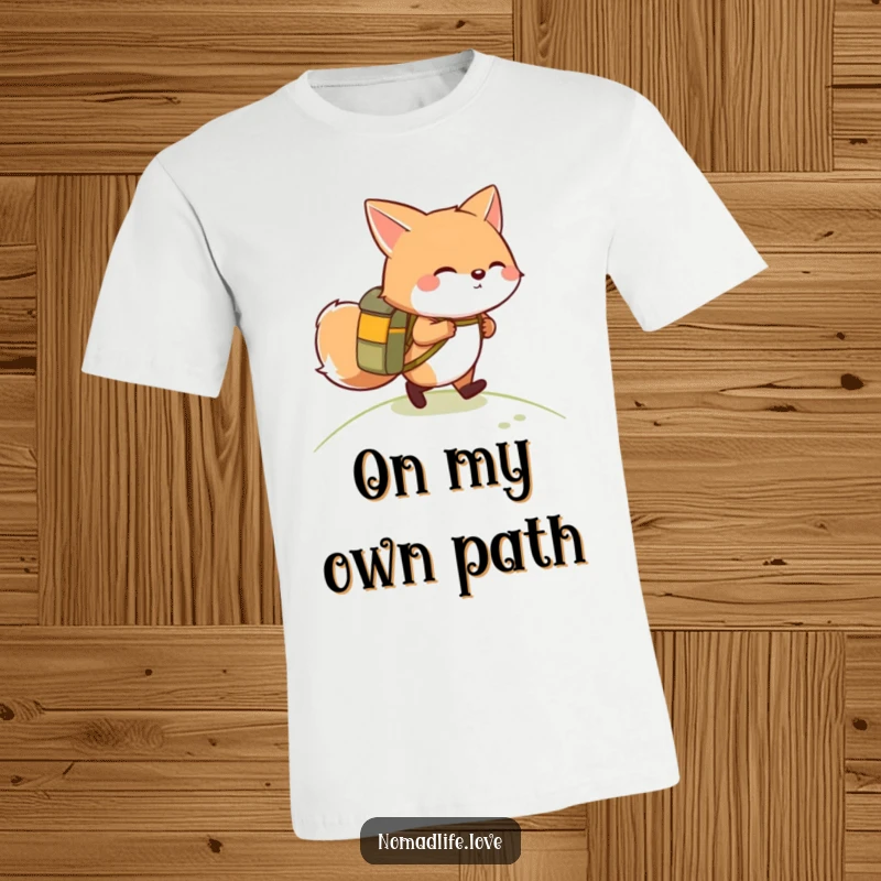 Giggling round fox wearing a small backpack, hiking up a gentle slope, a funny and outdoor-themed design.