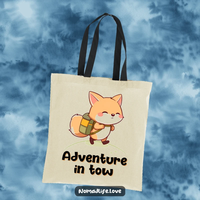 Giggling round fox wearing a small backpack, hiking up a gentle slope, a funny and practical tote bag design.
