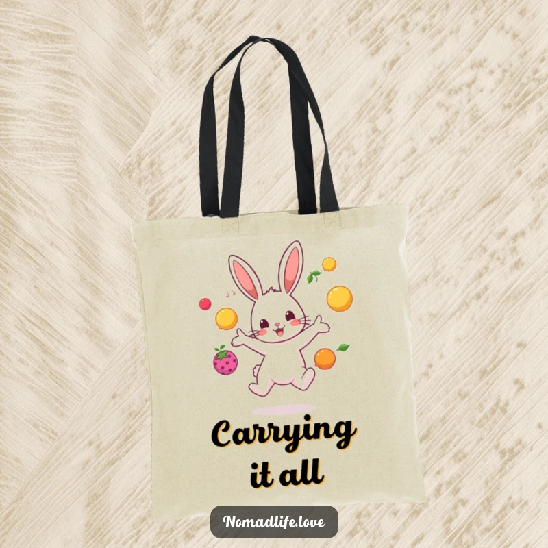 Playful bunny character juggling brightly colored fruit in mid-air, a funny and vibrant tote bag.