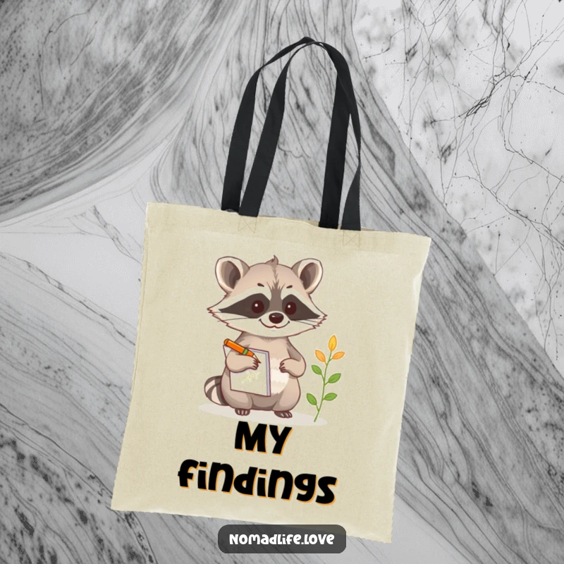 Funny Raccoon Sketch Tote Bag featuring a curious raccoon with a notepad and pencil, sketching a peculiar plant.