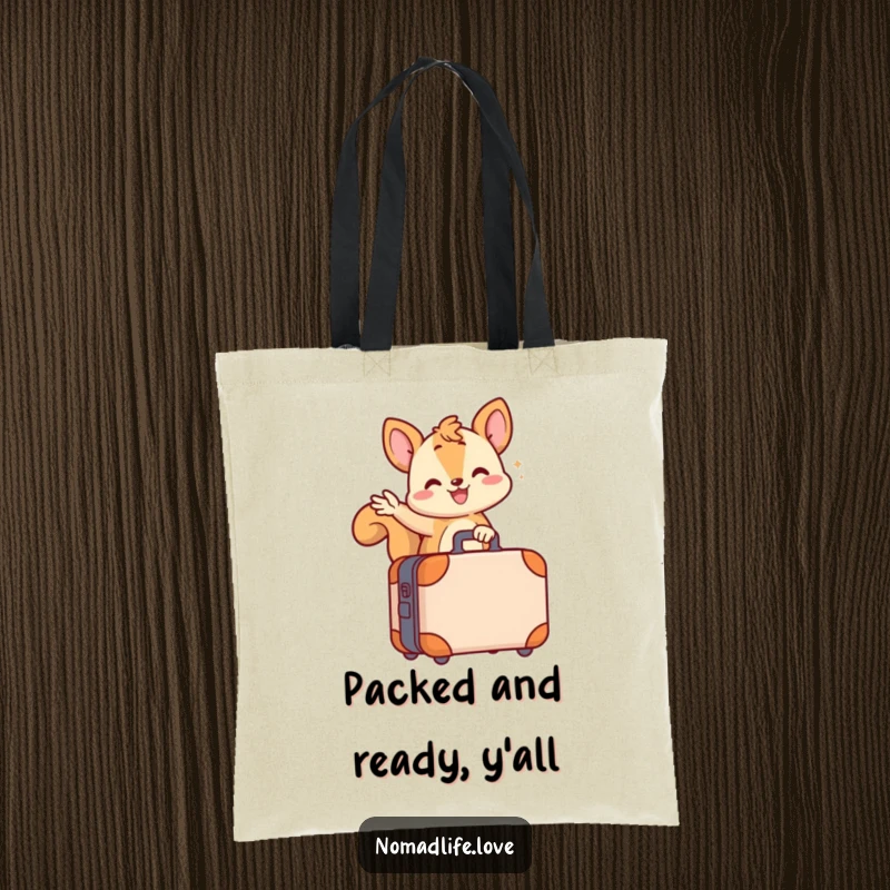 Funny wiggling squirrel character waving from its small wheeled suitcase, ideal for a practical and funny tote bag.